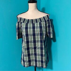 Talbots XS Blue Green Plaid Smocked Neck Off The Shoulder Short Sleeve Top